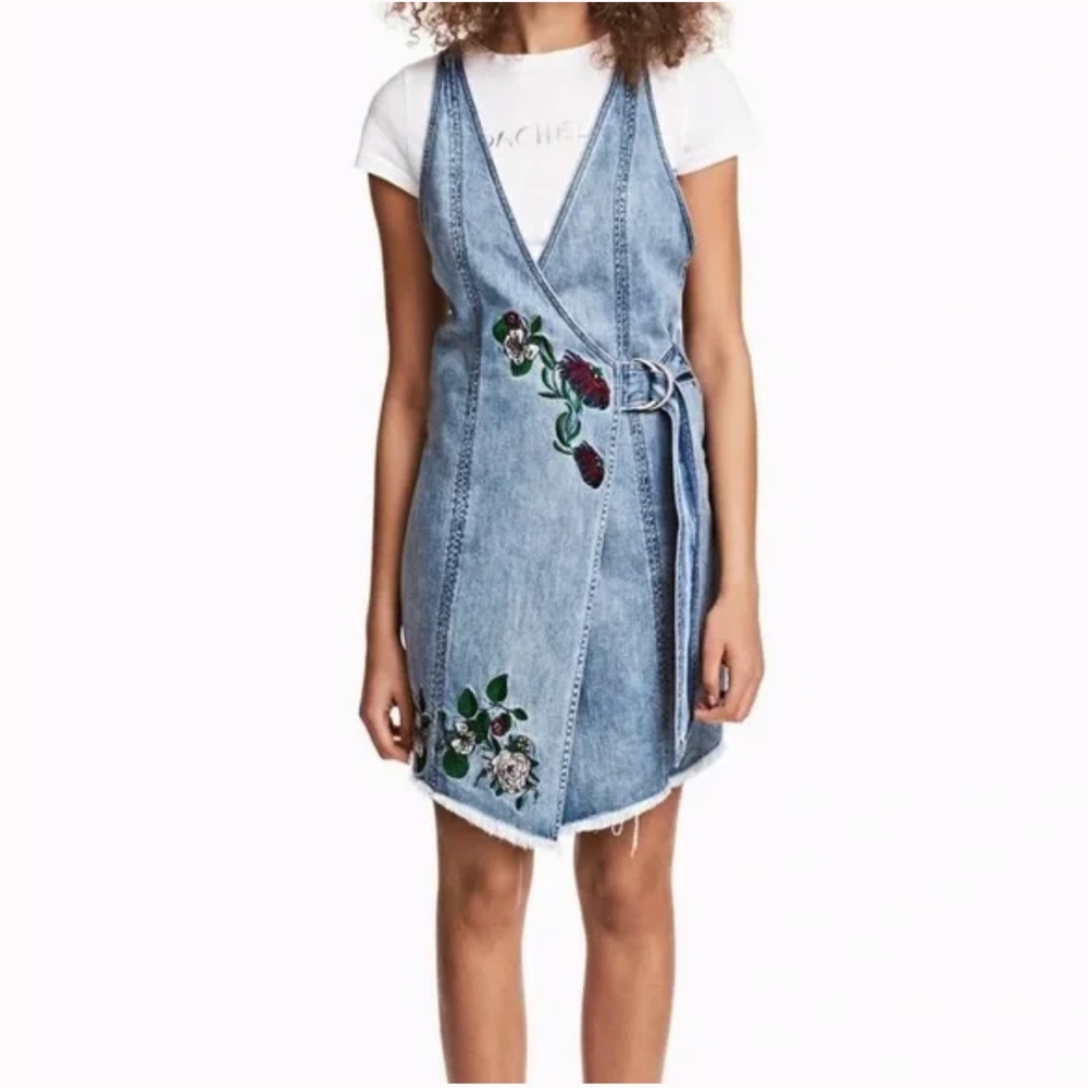 H&M X Coachella Floral Embroidered Denim Dress Wrap Overalls